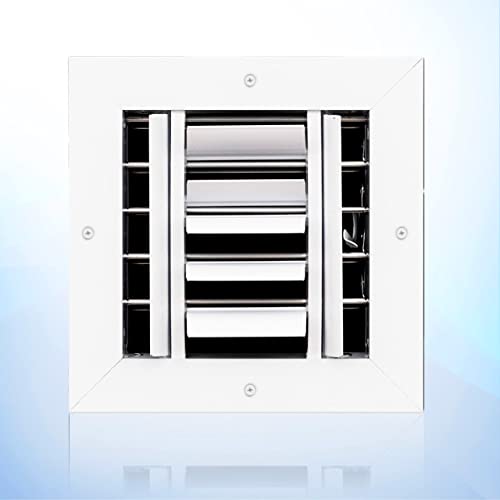 Air Vent Duct Cover. HVAC Ceiling Diffuser 4 Way Aluminum Curved Blade Adjustible Air Supply with Multi-Shutter Parallel Blade Damper - White- Full Control Vert./Horiz. Airflow Direction