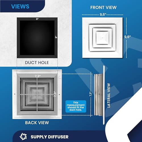 8 x 8 inch Duct Vent Cover. Air Supply HVAC Square Ceiling Diffuser with Opposing Blades Damper. 4 Way Extruded Aluminum Fixed Core. Low Noise. The Duct Hole Must Measure 8" x 8" to fit.