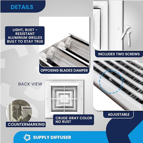 8 x 8 inch Duct Vent Cover. Air Supply HVAC Square Ceiling Diffuser with Opposing Blades Damper. 4 Way Extruded Aluminum Fixed Core. Low Noise. The Duct Hole Must Measure 8" x 8" to fit.