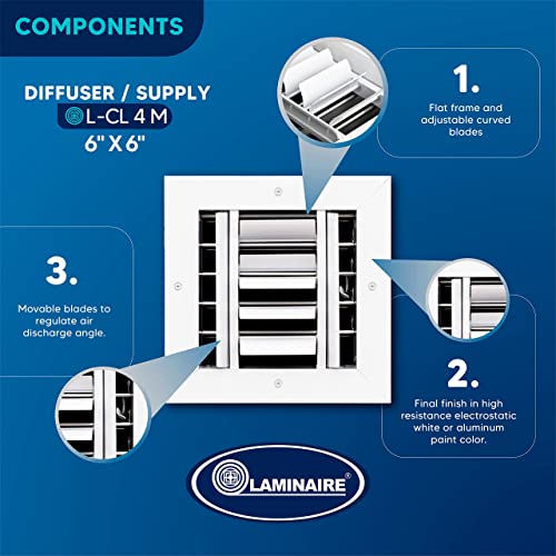 Air Vent Duct Cover. HVAC Ceiling Diffuser 4 Way Aluminum Curved Blade Adjustible Air Supply with Multi-Shutter Parallel Blade Damper - White- Full Control Vert./Horiz. Airflow Direction