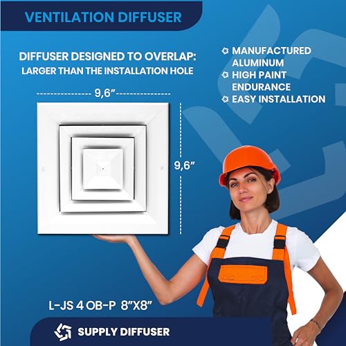 8 x 8 inch Duct Vent Cover. Air Supply HVAC Square Ceiling Diffuser with Opposing Blades Damper. 4 Way Extruded Aluminum Fixed Core. Low Noise. The Duct Hole Must Measure 8" x 8" to fit.