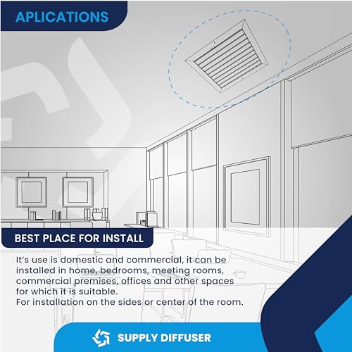 8 x 8 inch Duct Vent Cover. Air Supply HVAC Square Ceiling Diffuser with Opposing Blades Damper. 4 Way Extruded Aluminum Fixed Core. Low Noise. The Duct Hole Must Measure 8" x 8" to fit.
