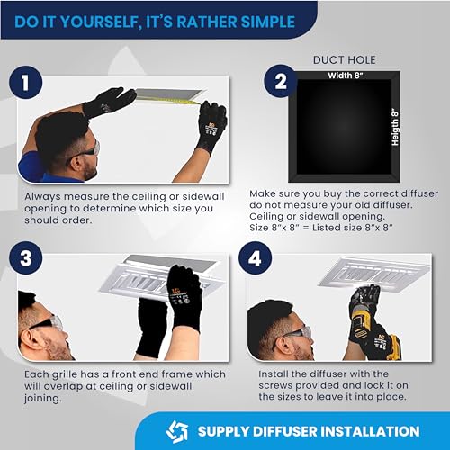 8 x 8 inch Duct Vent Cover. Air Supply HVAC Square Ceiling Diffuser with Opposing Blades Damper. 4 Way Extruded Aluminum Fixed Core. Low Noise. The Duct Hole Must Measure 8" x 8" to fit.